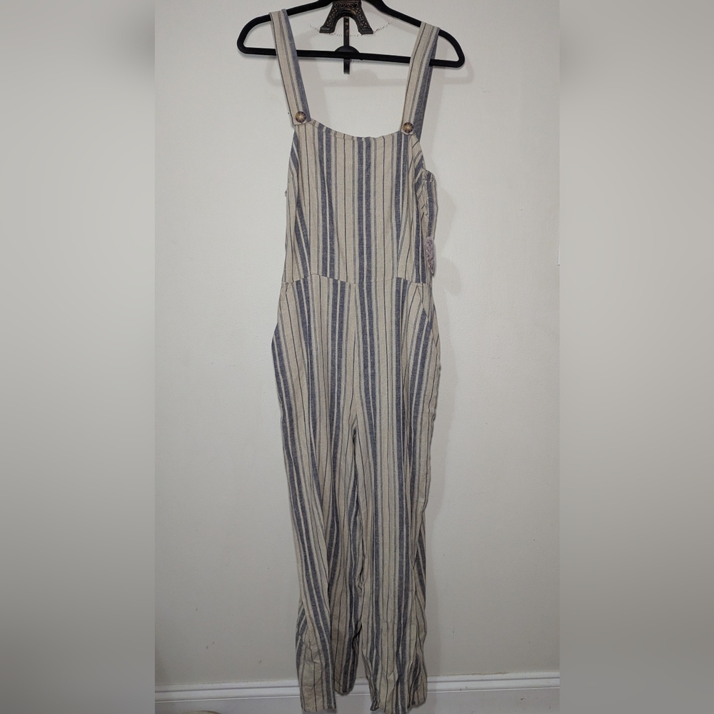 Gypsies & Moondust Linen Jumpsuit Cream Blue Overall Straps Wide Leg NEW Size L